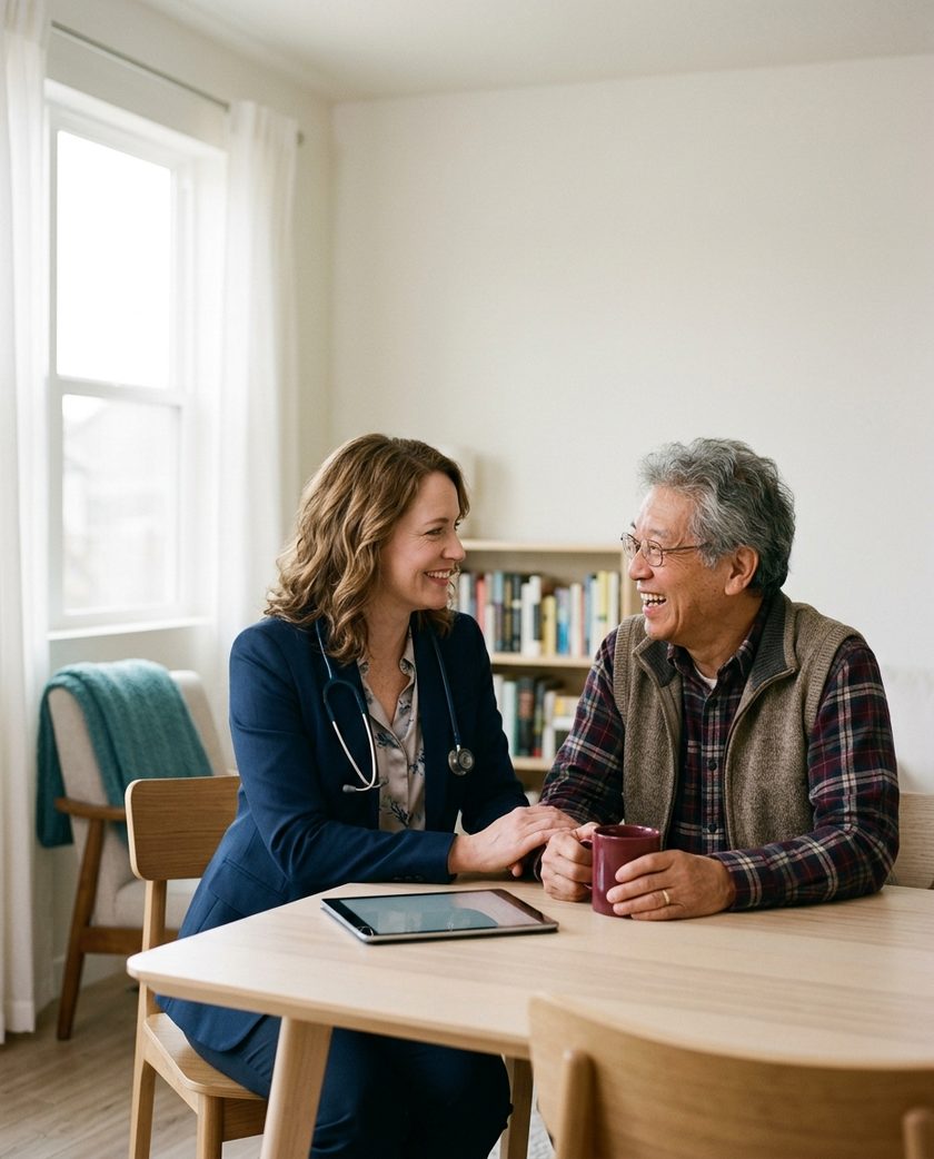 A Finchwell Medical physician sharing a laugh with an older patient at his kitchen table
