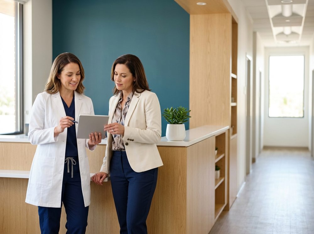 A nurse practitioner and a clinic manager reviewing the day&rsquo;s schedule at the front desk